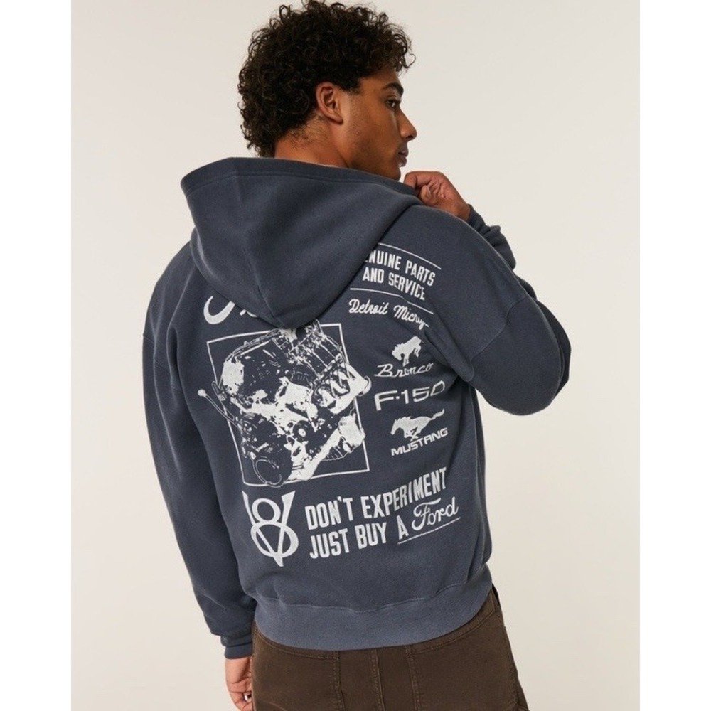NWT Hollister Ford Graphic Fleece Full Zip Hoodie Blue Boxy Fit XL Men's